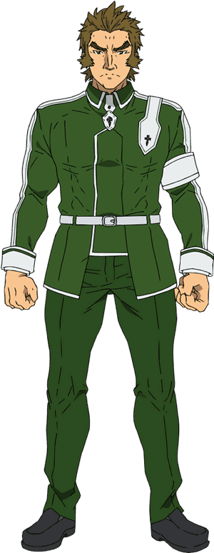 動畫士兵穿著綠色制服，白色飾邊，握緊拳頭站立。