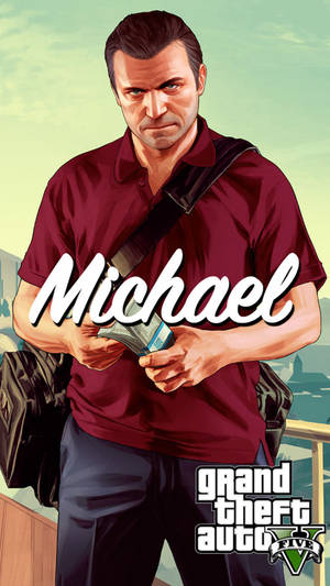 遊戲角色《俠盜獵車手V》的Michael在都市環境中拿著現金。