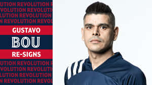 Gustavo Bou 穿著藍色運動球衣的肖像，背景有「革命」文字。 — 阿根廷 壁紙