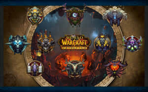 World of Warcraft Cataclysm陣營徽章選擇畫面，包含八個不同的奇幻種族。 — 魔獸世界 壁紙