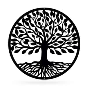 黑色金屬生命之樹符號，置於圓形框架內，根部與枝葉細節豐富。 — 樹木 壁紙