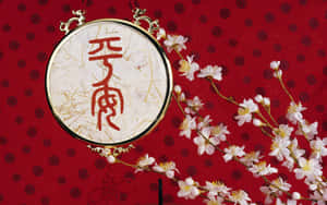 紅色背景，帶有金框書法和櫻花 — 春節 壁紙