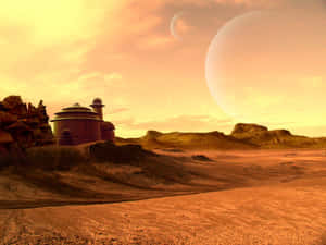 沙漠中的外星圓頂建築，橙色天空中有兩個月亮 — 提摩西·夏勒梅 壁紙
