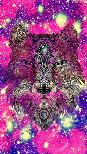 一個詳細的狼臉，帶有宇宙背景和發光的眼睛。 — 可愛的狼 壁紙
