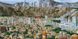 動漫城市，傳統與現代建築並存，背景是雕刻著巨大面孔的懸崖。 — 酷 naruto 壁紙