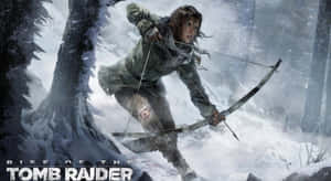 Lara Croft 在冬季冒險中於雪林裡瞄準弓箭。 — 古墓奇兵 壁紙