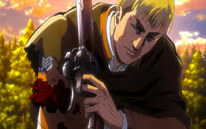 動漫士兵在夕陽下拿著帶血跡的劍。 — 進擊的巨人 角色 壁紙