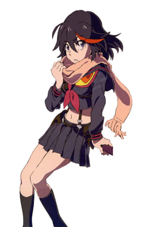 動漫女孩穿著深色校服，戴著紅色圍巾和頭帶，擺出動態姿勢。 — Galaxy Z Fold 8 壁紙