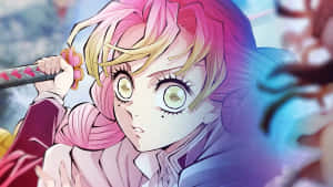 粉紅髮綠眼的動漫女孩手持心形柄劍。 — 櫻島麻衣 壁紙