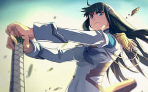 動漫女孩穿著藍白服裝揮舞劍，碎片飛舞 — 動漫桌面 壁紙
