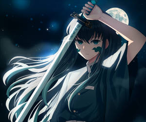 動漫女孩在滿月下星空夜空中持劍