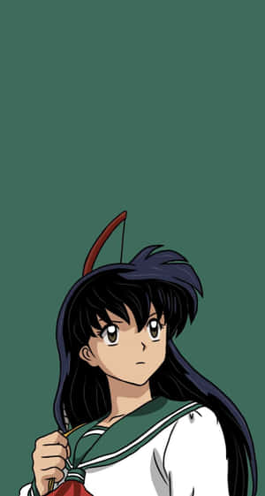 動漫女孩穿著綠色水手服，黑髮和紅色箭頭髮夾 — 日神神楽 壁紙