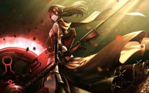 動漫女戰士在機械戰場場景中手持大型步槍。 — Rwby 壁紙