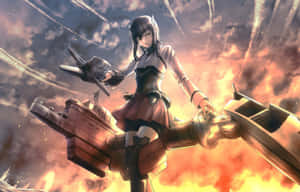 動漫女孩在軍艦上，處於天空爆炸的激烈戰鬥中。 — 黃昏 壁紙