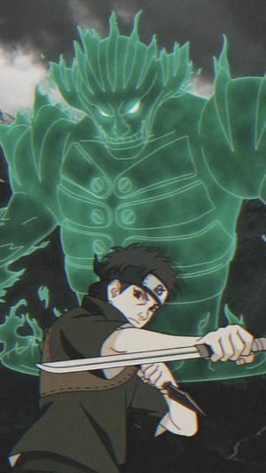 動漫忍者以戰鬥姿勢面對一個巨大的發光綠色惡魔。 — 佐助 須佐能乎 壁紙