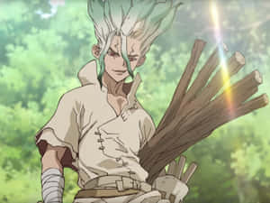 動漫角色，綠色和白色頭髮，在森林中拿著木製長矛。 — Dr.STONE 新石紀 壁紙