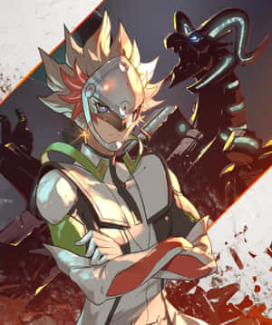 動漫戰士與頭盔和龍夥伴在破碎的戰場上，帶有熾熱的光芒。 — Pixel Fold 壁紙