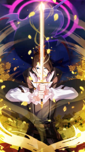 動漫戰士在旋轉的金色樹葉和宇宙能量中手持發光的劍。 — 戰士 壁紙