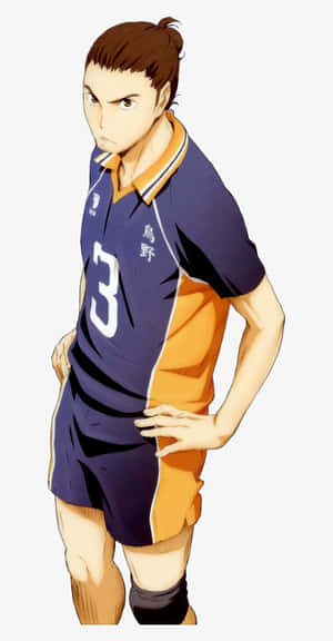 動漫男性排球運動員，身穿藍色和橙色制服，背號3，雙手叉腰站立。 — Pixel Fold 壁紙