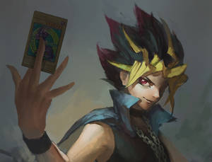 動漫角色手持遊戲王卡，擁有強烈的紅眼睛和尖刺頭髮。 — 遊戲王 壁紙