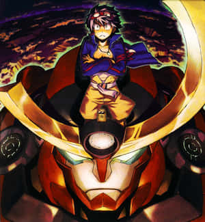 動漫男孩穿著藍色外套，騎著一雙發光眼睛的紅色和金色機器人。 — Galaxy Z Flip 8 壁紙