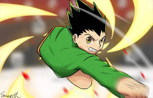 動漫角色穿著綠色連帽衫，以發光的黃色能量效果出拳。 — 小傑 壁紙