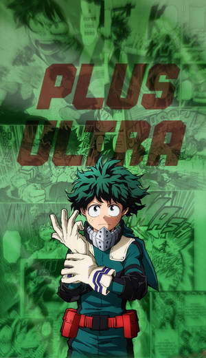 穿著綠色和紅色制服的動漫英雄，背景有「PLUS ULTRA」文字。 — 綠谷出久 壁紙