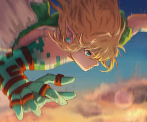 動漫角色帶著動態模糊穿過色彩繽紛的日落天空。 — 薩爾達傳說 � Breath of the Wild 壁紙