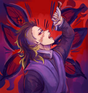 穿著紫色服裝的動漫角色，表情強烈地握著匕首。 — 惡魔男孩 動漫 壁紙