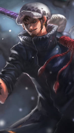 動畫海盜戴著草帽和紅色繩索，夜晚站在雪地中。 — 航海王 手機 壁紙