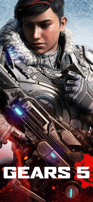 穿著未來裝甲的戰士，手持發光武器，背景為火焰和Gears 5文字。