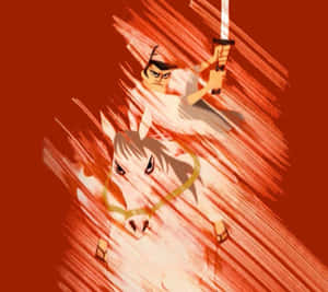 騎馬的武士在火紅色背景下揮舞著劍。 — 魔法森林 壁紙