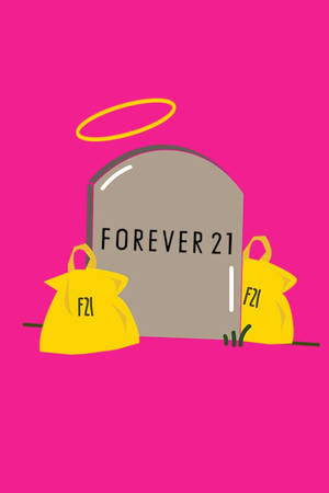 墓碑上帶有Forever 21標誌和天使光環，周圍環繞著黃色購物袋。 — 永遠21 壁紙