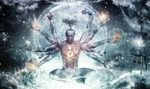 一個冥想的人物，有多隻手臂和頭上的樹，被宇宙元素包圍。 — 瑜珈 壁紙