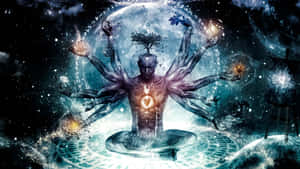 一個多臂的精神人物在星空宇宙球體下冥想，頭上有一棵樹。 — 靈性美學 壁紙