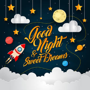 晚安甜夢訊息，以剪紙風格夜空為背景，有火箭和懸掛的星星。 — 晚安 壁紙