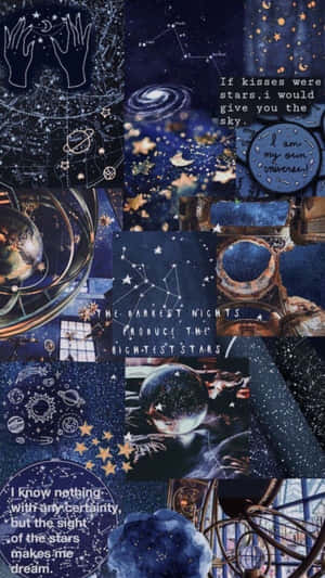 一個以天體為主題的拼貼，包含星星、星座和關於宇宙的詩意語錄。 — 太空美學動圖 壁紙
