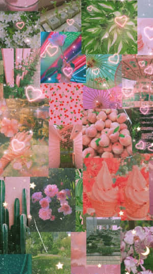 粉紅和綠色拼貼畫，包含花朵、仙人掌、冰淇淋和發光的心形。 — 粉紅色 壁紙