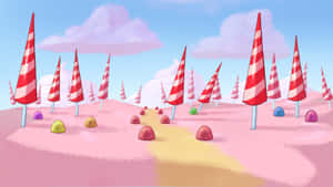 糖果地場景，有棒棒糖樹和軟糖石頭在粉紅色地面上。 — 美學粉色GIF 壁紙