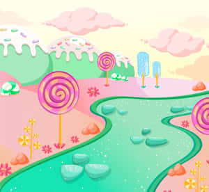 一個色彩繽紛的糖果主題風景，有巨大的棒棒糖和一條閃閃發光的河流。 — 坎迪曼 壁紙