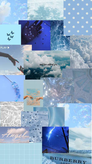 一個藍色調拼貼畫，以天空、雲朵、星星、手部和浪漫文字片段為特色。 — 美學藍色 iPhone 壁紙