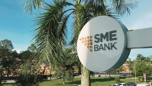 SME Bank標誌被棕櫚樹和綠植環繞，背景是晴朗的藍天。 — 設計 壁紙