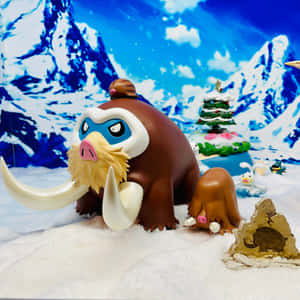 雪地場景中的長毛象玩具，有聖誕樹和其他小雕像。 — 玩具總動員叉奇 壁紙