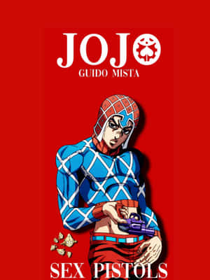 來自 JoJo 的動漫角色 Guido Mista 在紅色背景前拿著紫色手槍。 — Kindle 壁紙