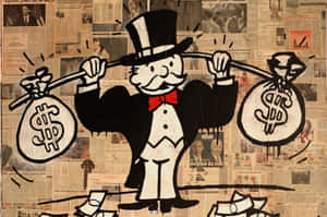 卡通壟斷者在報紙拼貼背景上扛著錢袋。 — 地產大亨 壁紙