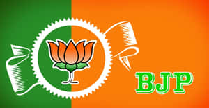 BJP的政治標誌，在綠色和橙色背景上帶有蓮花、絲帶和文字。 — 印度 壁紙