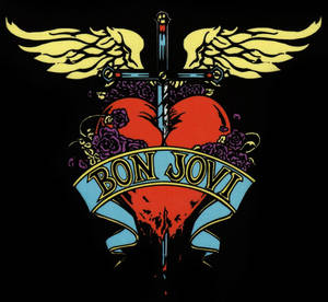 Bon Jovi 標誌，劍穿心、翅膀和玫瑰，黑色背景。 — 標誌 壁紙