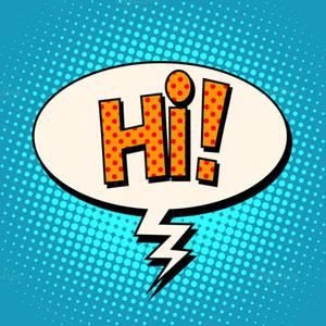 一個復古漫畫對話框，在藍色半色調背景上以橙色圓點寫著「Hi!」。 — 漫畫 壁紙
