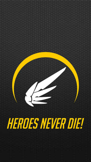 一個白色有翼標誌在黃色弧線中，帶有文字 heroes never die，背景為黑色六角形。 — 漫威標誌 壁紙