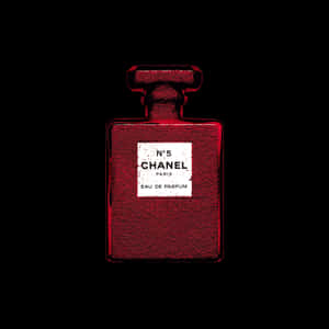 紅色 Chanel No 5 香水瓶，帶白色標籤，黑色背景。 — 香奈兒 壁紙